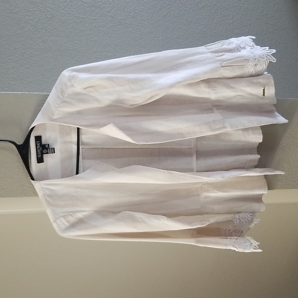 Ellen Tracy Linen Blend Open Striped Jacket/Blazer with Crochet Sleeves … - Picture 2 of 9